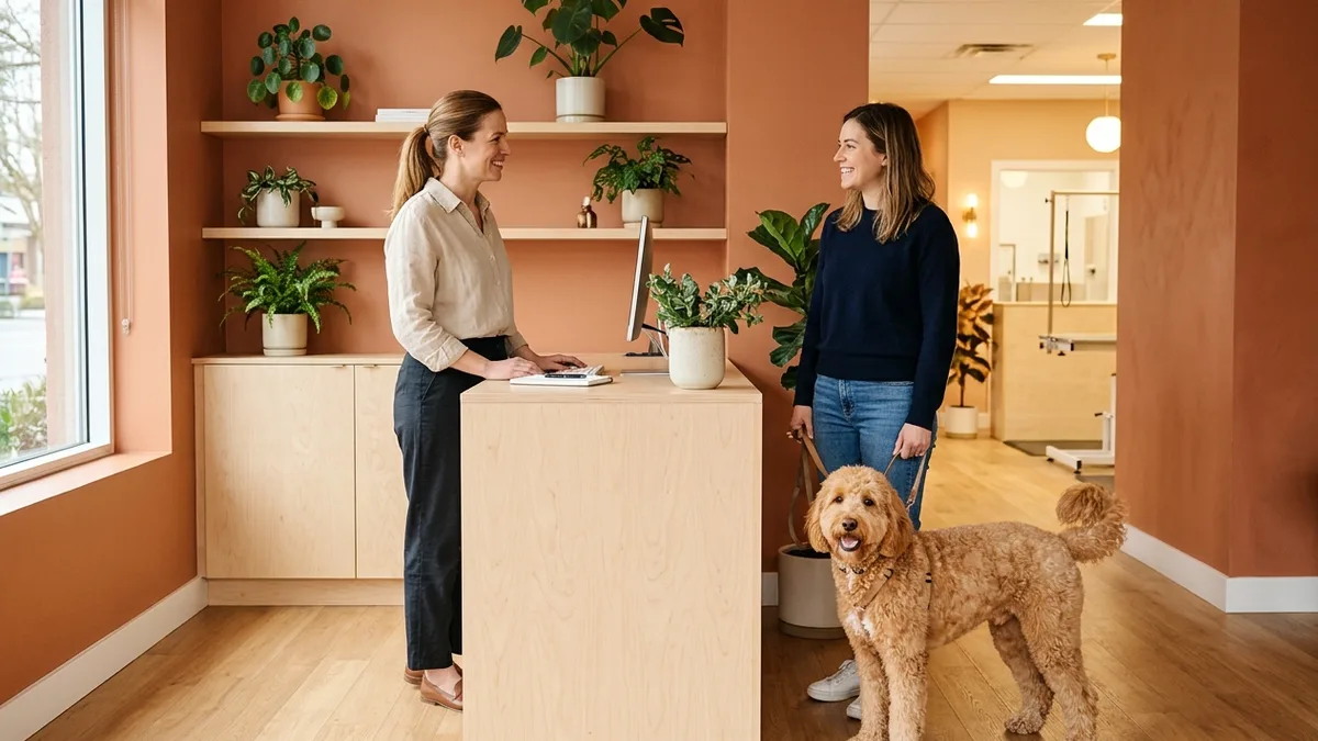 Canadian salon owner warmly greeting a pet parent and goldendoodle at the salon reception counter