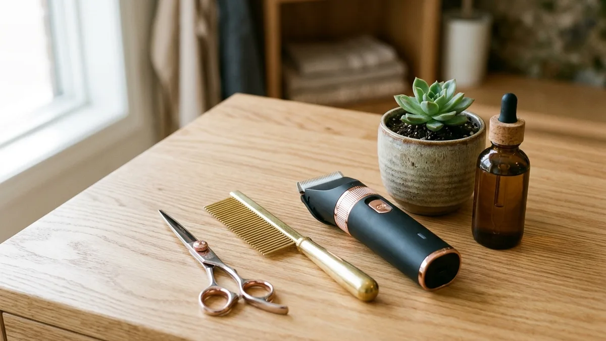 Professional Japanese shears, comb, clippers, and natural Canadian conditioning spray on salon counter