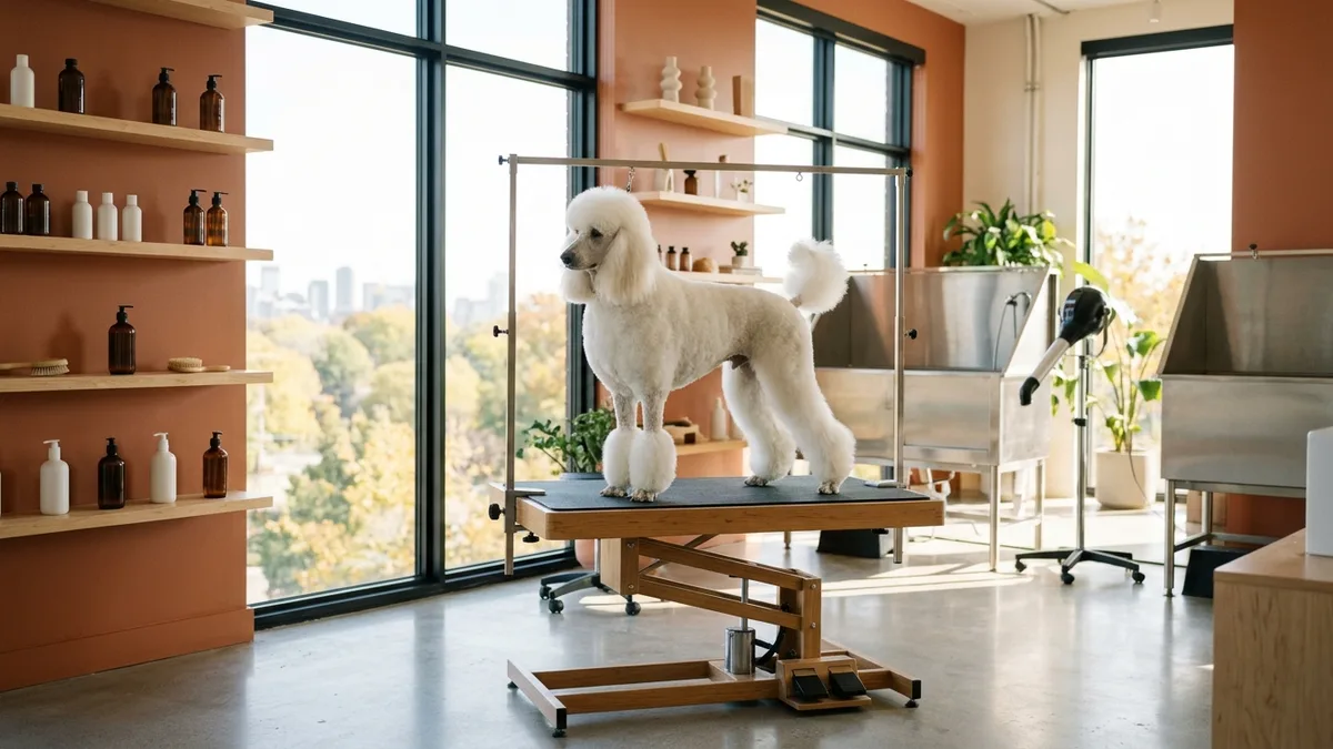 Spacious modern Canadian dog grooming salon with an elegant white Standard Poodle on a hydraulic grooming table