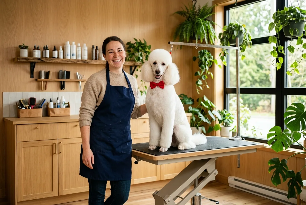 Canadian dog groomer standing beside a calm, freshly styled standard poodle in a bright boutique salon