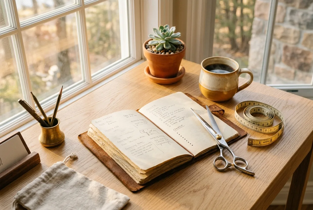 Business planning desk with open leather journal, Japanese grooming shears, and coffee cup in Canadian studio