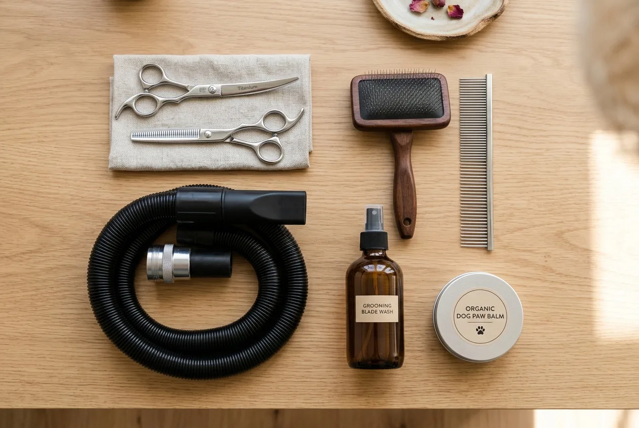 Professional Japanese dog grooming shears, clipper guards, slicker brush, and sanitizer neatly arranged on salon table