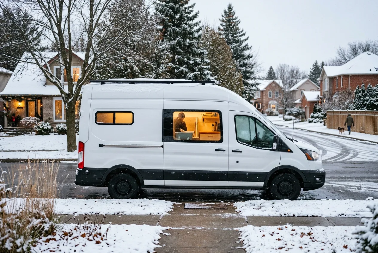 Modern mobile dog grooming van parked on peaceful residential Canadian street with light winter snow