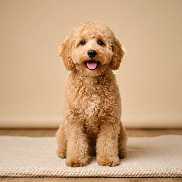 Professionally groomed apricot Goldendoodle with fluffy coat in warm portrait