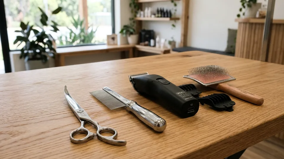 Master pet grooming shears, clippers, and comb on clean oak salon workstation
